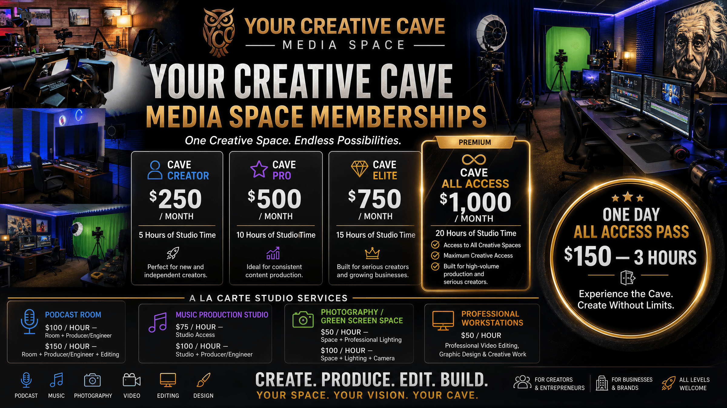Your Creative Cave official membership and studio pricing menu.