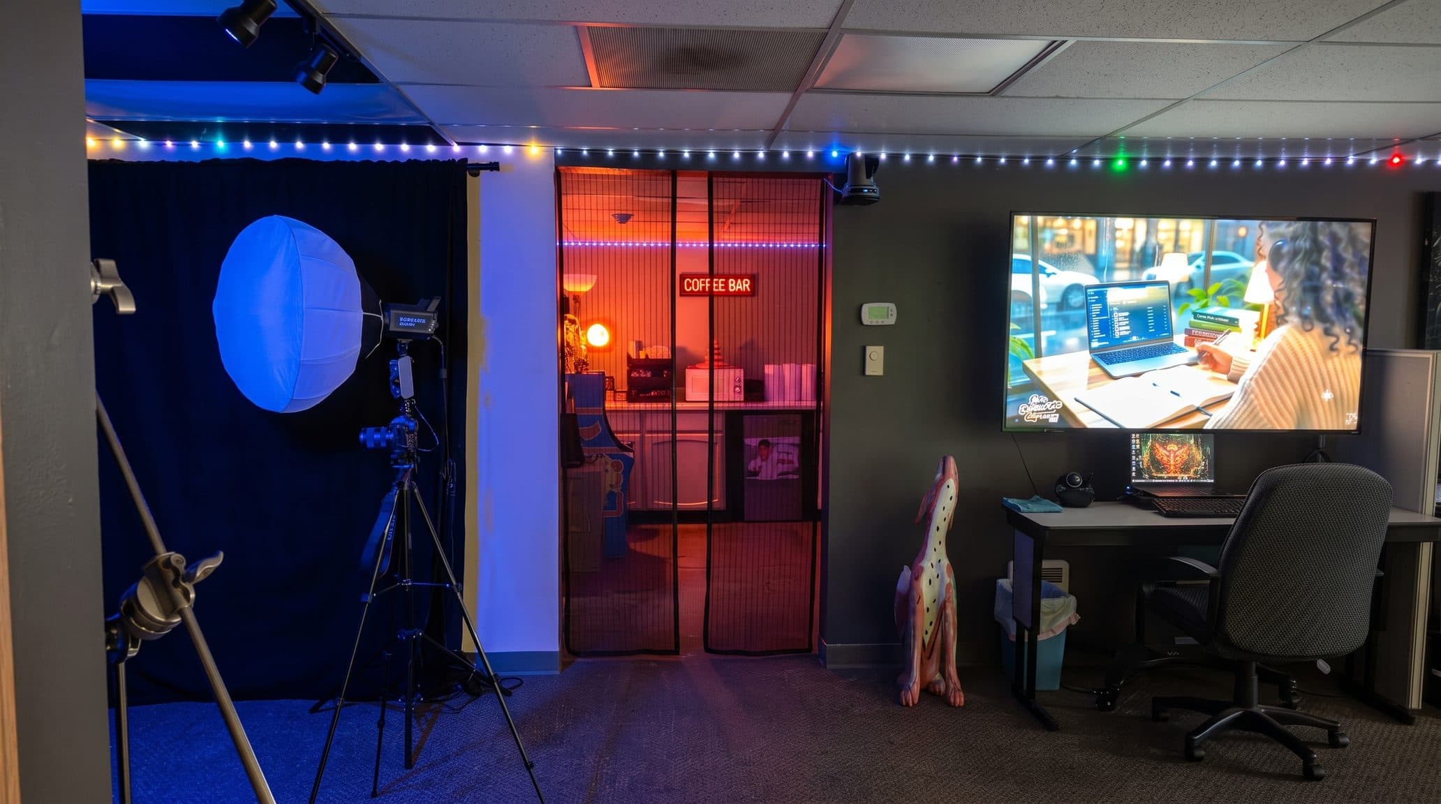 Studio lighting on stands beside a black backdrop, with the lit coffee bar entrance and a desk and wall display further into the room